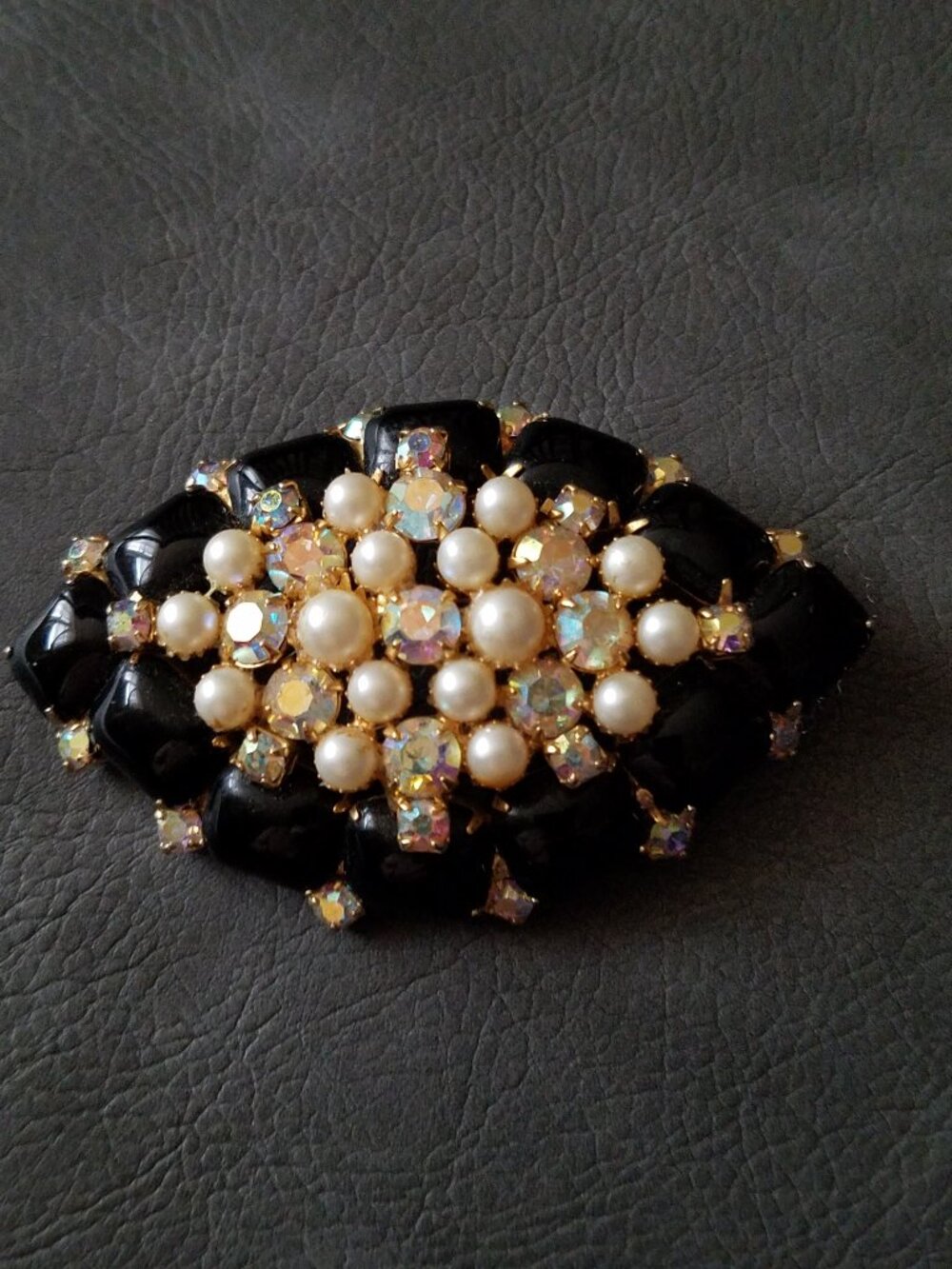 Vintage Black Glass with Faux Pearls and Rhinestone Domed Brooch